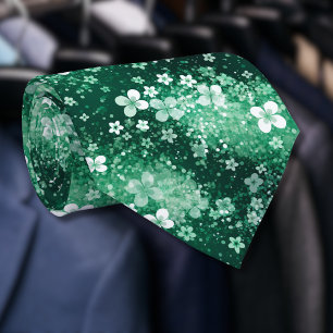 Cravate Blancs Trèfles Verts Chic & Points sur Fond Vert F