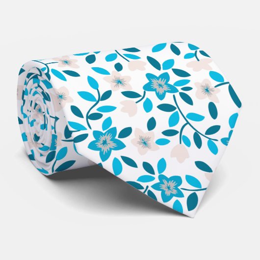 Cravate Bleu blanc mignon fleurs printanières sans couture (Roulé)