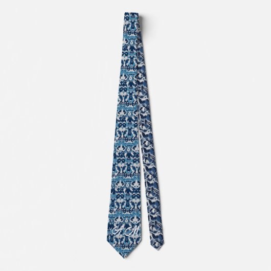 Cravate Bleu Blanc Rétro Ikat Motif 2 Initiales Monogramme (Devant)