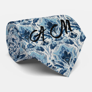 Cravate Bleu Blanc Rétro Ikat Motif 4 Initiales Monogramme
