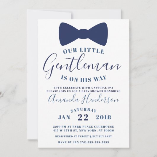 Cravate Bleu Bow Baby shower Gentleman Invitation (Devant)