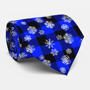 Cravate Bleu Buffalo Plaid Snowflakes Noël