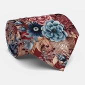 Cravate Bleu de Bourgogne Pervenche Fleur rose (Roulé)