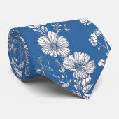 Cravate Bleu foncé et blanc Chinoiserie Floral  (Roulé)