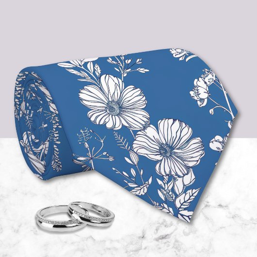 Cravate Bleu foncé et blanc Chinoiserie Floral