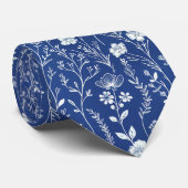 Cravate Bleu foncé et blanc Chinoiserie Floral  (Roulé)