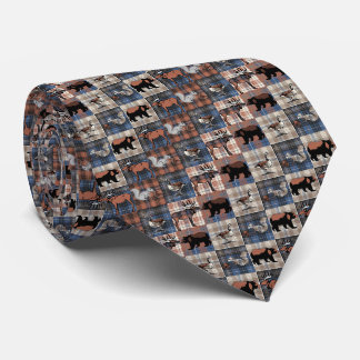 Cravate Bleu Gris Chèques Brown Animaux de bois sur Plaid