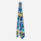 Cravate Bleu marine Aqua Jaune Blanc Plantes Tropicales (Dos)