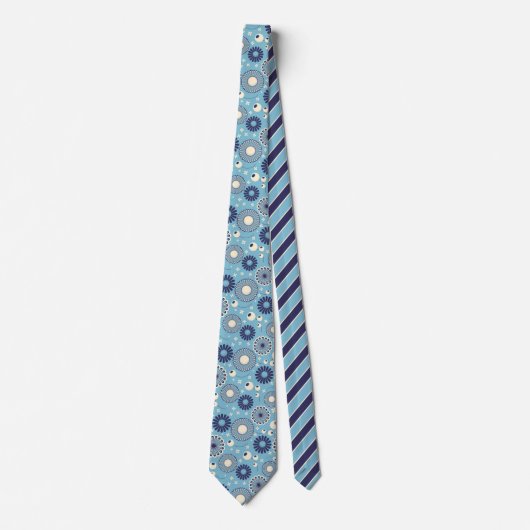 Cravate Bleu moderne rétro et Fleurs de Crème (Devant)