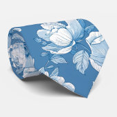 Cravate Bleu Moyen Et Blanc Chinoiserie Floral  (Roulé)