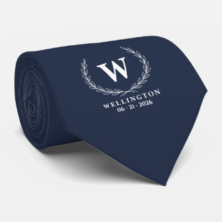 Cravate Bleu Nuit Blanc Laurier Monogramme Date de Mariage