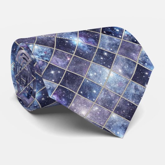 Cravate Bleu Nuit Céleste Diamant Treillis Étoile (Roulé)