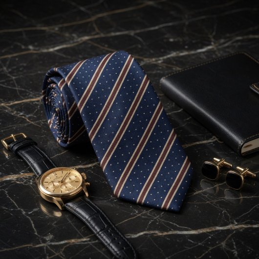 Cravate Bleu Nuit Classique et Rayures Cuivrées à Points É