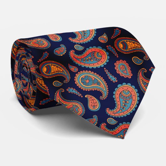 Cravate bleu orange Motif Paisley (Roulé)