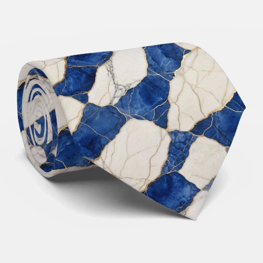 Cravate Bleu Professionnel, Blanc et Marbre Doré (Roulé)