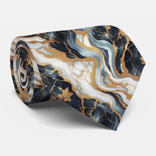 Cravate Bleu Professionnel, Blanc et Marbre Doré (Roulé)