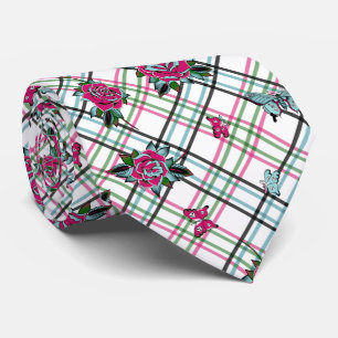 Cravate Bleu rose Tatouage Rose Papillons crâne Plaid