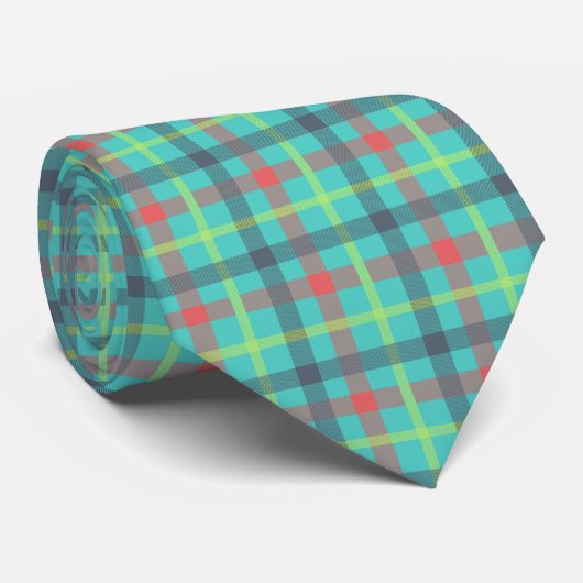 Cravate Bleu Rouge Vert Turquoise Tartan Plaid Classique H (Roulé)
