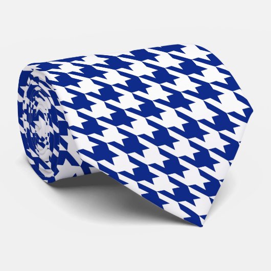 Cravate Bleu royal blanc Pied de Poule Houndstooth (Roulé)
