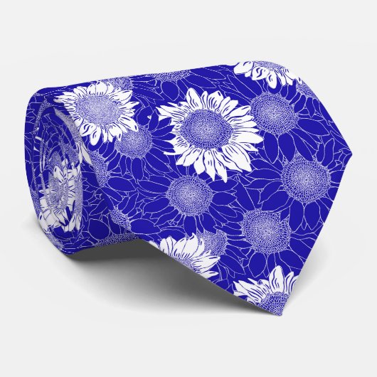 Cravate Bleu Tournesol Et Blanc (Roulé)