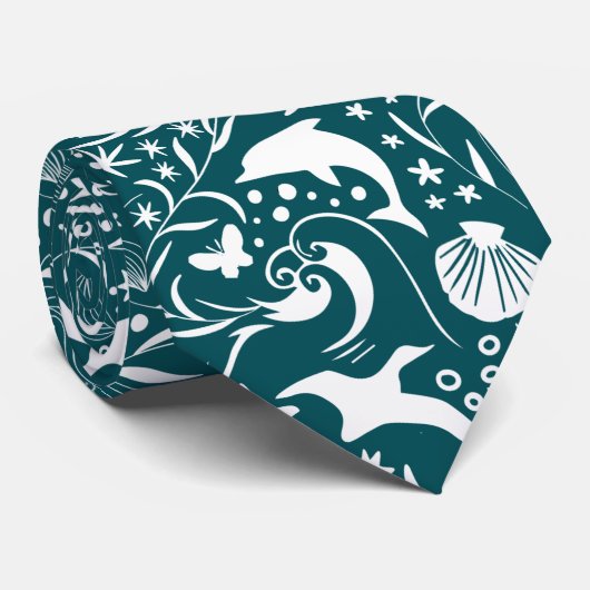 Cravate Bleu Vert Blanc Océan Motif Dolphin Wave Shell (Roulé)