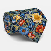 Cravate Bleu Vert Jaune Fleurs rouges William Morris Sty (Roulé)