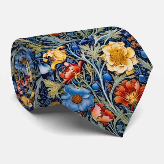 Cravate Bleu Vert Jaune Fleurs rouges William Morris Sty (Roulé)