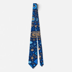 Cravate Bleus et or grecs de motif d'oeil mauvais