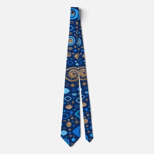 Cravate Bleus et or grecs de motif d'oeil mauvais (Devant)
