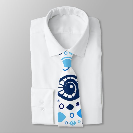 Cravate Bleus grecs et blanc de motif d'oeil mauvais (Attaché)