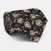 Cravate Blooms dorés : Roses dorés du pétale noir sur noir (Roulé)