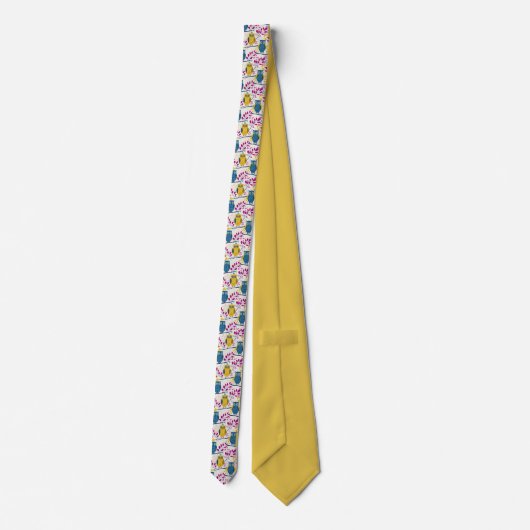 Cravate Blue and Mustard Yellow Owls on White (Dos)