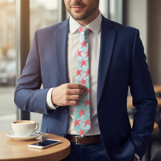 Cravate Blue Marine Sea Ocean Star Fish Pattern Neck Tie