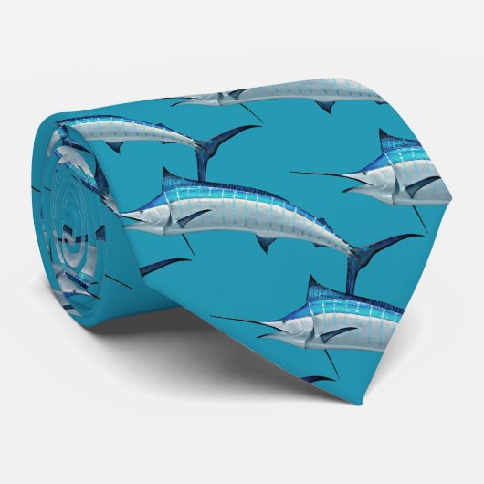 Cravate Blue Marlin Fish Pattern Fisherman Novelty (Roulé)