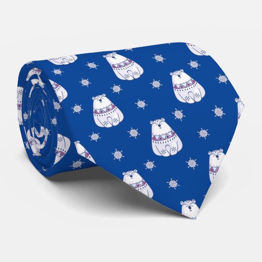 Cravate Blue Nordic Style Polar Ours Noël Snowflake (Roulé)