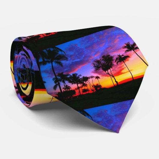 Cravate Blue Red Sunset Exotic Hawaiian Beach Palm Trees (Roulé)