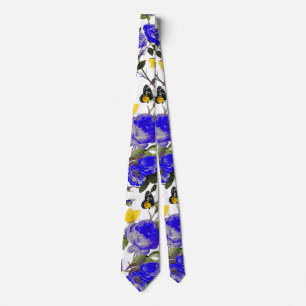 Cravate BLUE ROSES AND YELLOW BUTTERFLIES White Floral