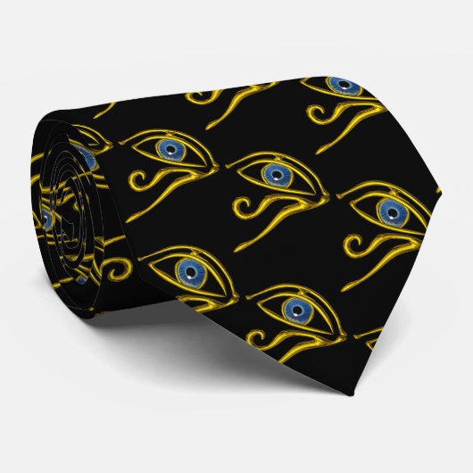Cravate BLUE TALISMAN, OR HORUS OEIL Motif égyptien noir (Roulé)