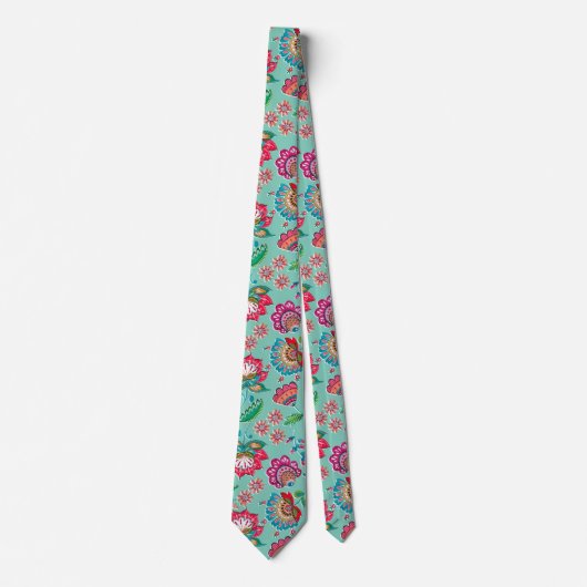 Cravate Bohème art folklorique motif floral turquoise mari (Devant)