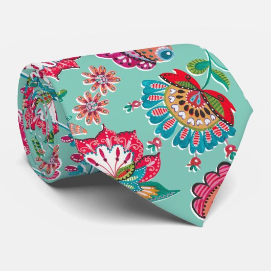 Cravate Bohème art folklorique motif floral turquoise mari (Roulé)