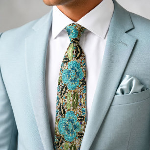 Cravate bohème girly chic argent turquoise bleu fleur