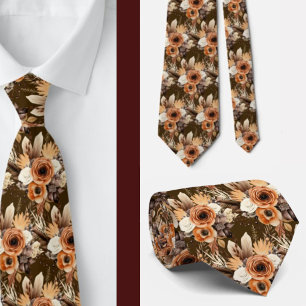 Cravate Boho Brown or Floral Aquarelle Fleurs Mariage