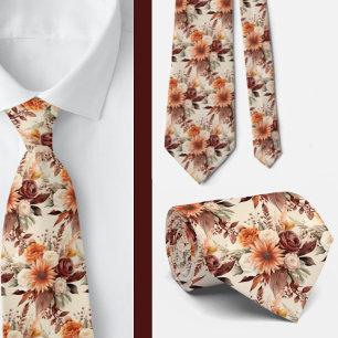 Cravate Boho Brown or Floral Aquarelle Fleurs Mariage