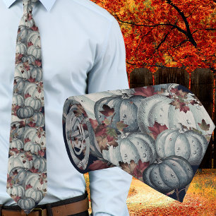 Cravate Boho Fall Blue White Aquarelle Citrouille Automne