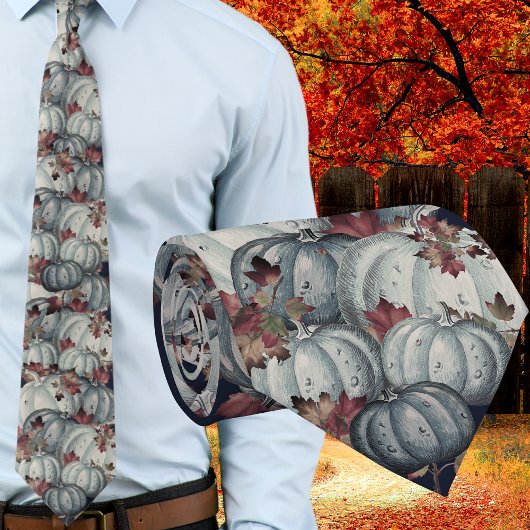 Cravate Boho Fall Blue White Aquarelle Citrouille Automne