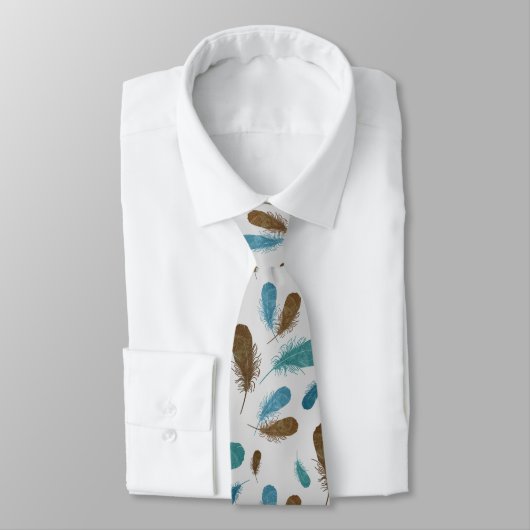 Cravate Boho Feathers Motif Bleu Brown (Attaché)