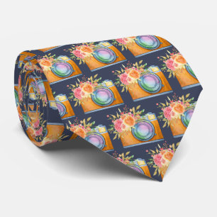 Cravate Boho Orange Camera & Fleurs Motif d'aquarelle