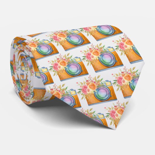 Cravate Boho Orange Camera & Fleurs Motif d'aquarelle (Roulé)