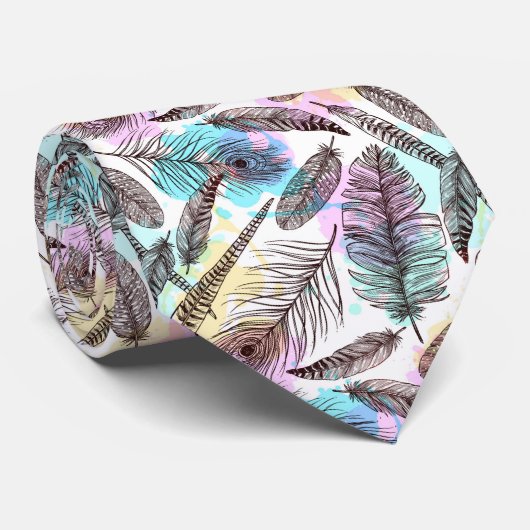 Cravate Boho Style Motif de plumes colorées (Roulé)