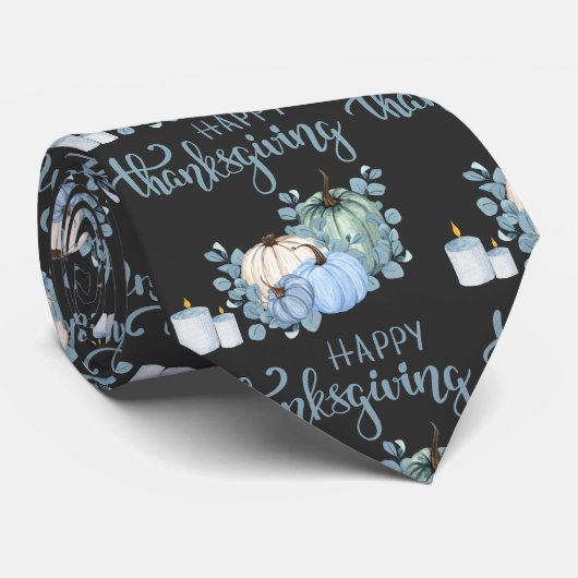 Cravate Bon thanksgiving en bleu sur noir | (Roulé)